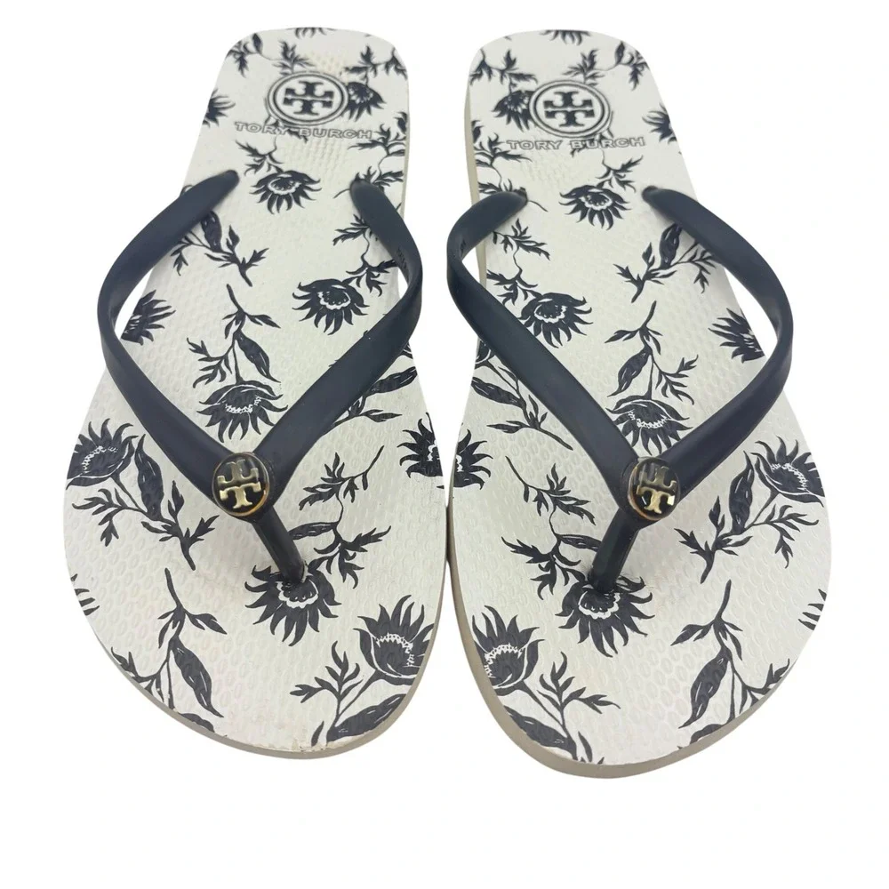 Tory Burch Flip Flops Women Size 9 Navy Blue Floral Logo Sandals Resort Beach